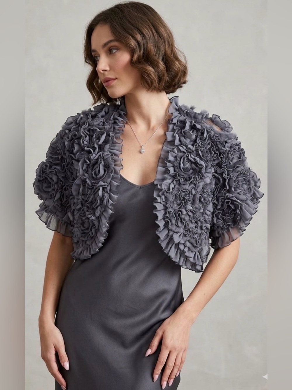 Funky East Design Corp Vintage Y2K Charcoal Real Fur Rosette Bolero Shrug M